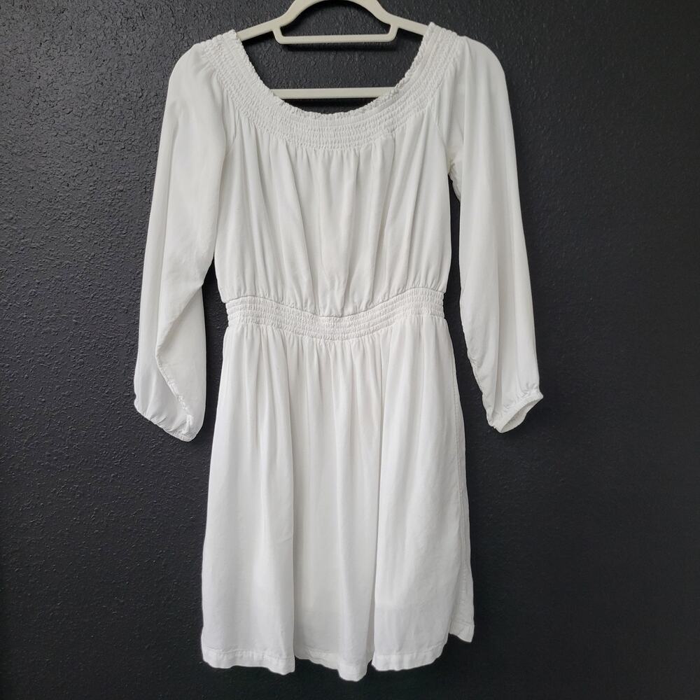 Roxy White Smocked Long Sleeve Peasant Dress Beach Vacation Summer Style Neutral